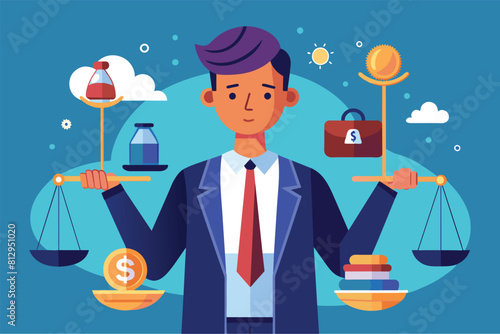 A man in a suit carefully holds a scale with money on one side and a briefcase on the other, Obligations Customizable Disproportionate Illustration