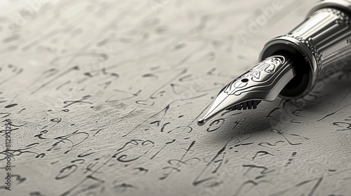 In a close-up view, an ornate metal nib of an old fountain pen draws a straight ink line on a textured paper surface, depicted in a realistic 3D render. photo