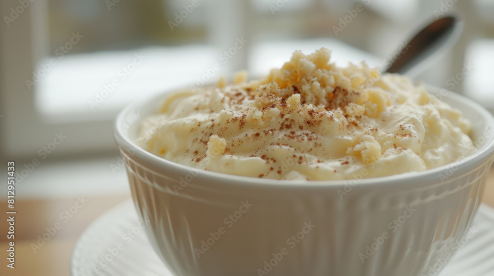 Homemade rice pudding with cinnamon and crushed nuts in a close-up shot, a comforting treat on a light backdrop Homemade rice pudding with cinnamon and crushed nuts in a close-up shot, a comforting treat on a light backdrop
