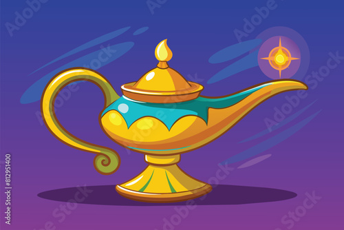 A golden teapot featuring a star-shaped ornament on its lid, standing elegantly on a surface, Oil lamp Customizable Cartoon Illustration