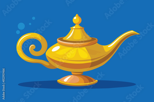 A golden teapot stands out against a vibrant blue background in this simple yet elegant composition, Oil lamp Customizable Cartoon Illustration