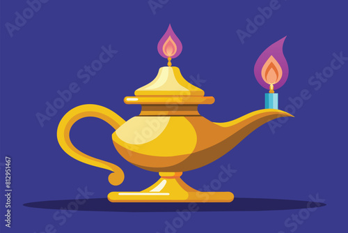 A golden teapot with a candle burning inside, casting a warm glow, Oil lamp Customizable Flat Illustration