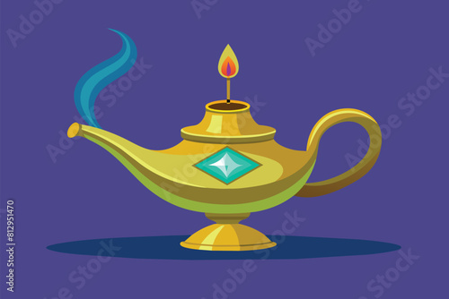 A golden teapot adorned with a blue diamond, shimmering under the light, Oil lamp Customizable Semi Flat Illustration