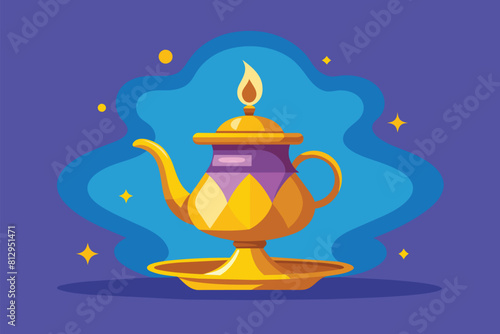 A golden teapot with a candle placed on top, emitting a warm glow, Oil lamp Customizable Flat Illustration
