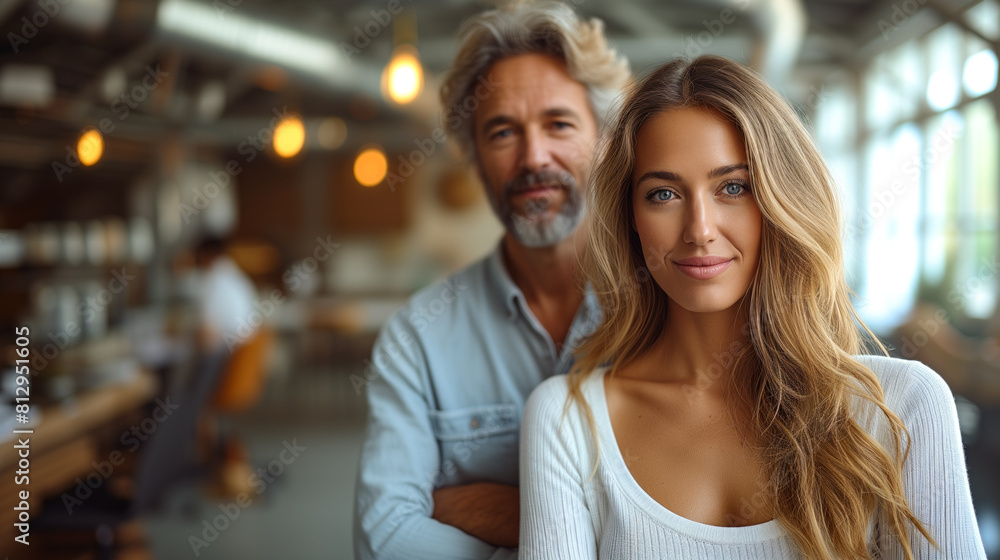 A girl is looking at camera and a man behind in the blurry background A girl is looking at camera and a man behind in the blurry background