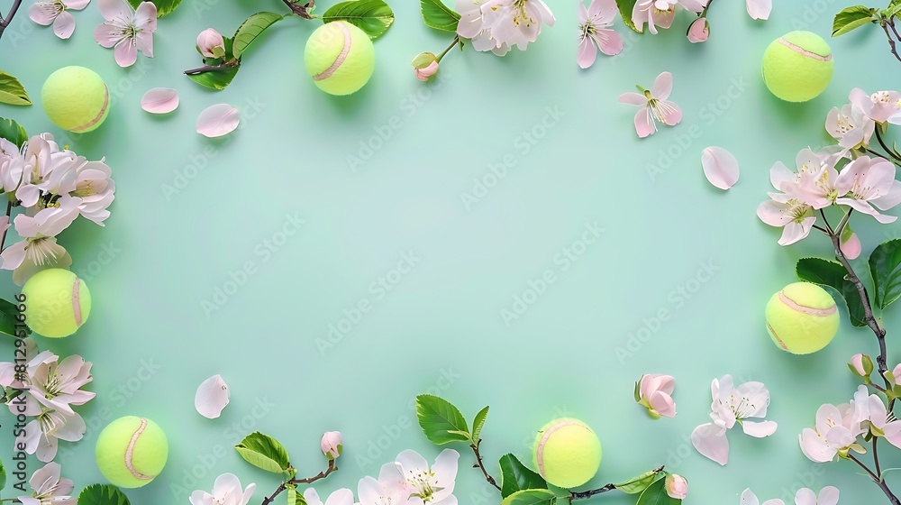 Tennis ball and pretty flowers, green banner background with copy space, copy space, space for text, Generative AI,テニスボールと可愛い花、コピー スペースのある緑のバナーの背景,コピースペース,テキスト用スペース,Generative AI, Tennis ball and pretty flowers, green banner background with copy space, copy space, space for text, Generative AI,テニスボールと可愛い花、コピー スペースのある緑のバナーの背景,コピースペース,テキスト用スペース,Generative AI,