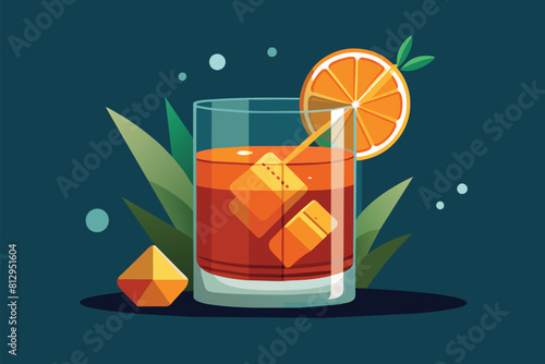 A glass of orange juice garnished with a fresh slice of orange on a table, Old fashioned cocktail Customizable Semi Flat Illustration