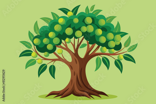 A vibrant green tree stands with an abundance of lush green leaves on its branches, Olive tree Customizable Disproportionate Illustration