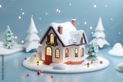 Festive 3d illustration of a charming snowcovered house amidst winter scenery with sparkling lights