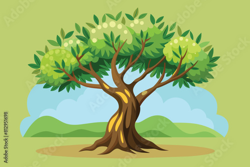 A cartoon olive tree featuring green leaves and white flowers  Olive tree Customizable Semi Flat Illustration