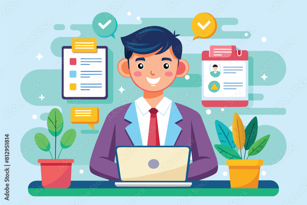 A man sitting in front of a laptop computer, engaged in online consulting, Online consulting Customizable Cartoon Illustration A man sitting in front of a laptop computer, engaged in online consulting, Online consulting Customizable Cartoon Illustration