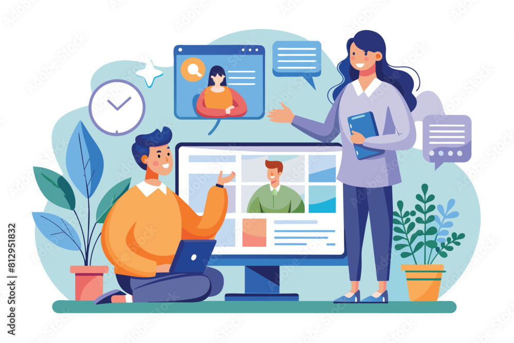 A man and woman are seated in front of a computer screen, engaged in online consulting, Online consulting Customizable Disproportionate Illustration A man and woman are seated in front of a computer screen, engaged in online consulting, Online consulting Customizable Disproportionate Illustration