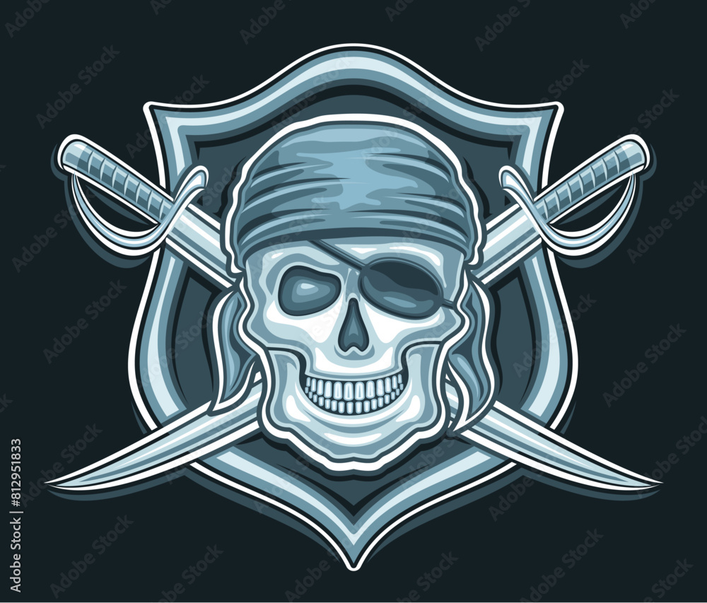 Fototapeta premium Vector logo for Pirate Skull, decorative poster with illustration of wicked smiling pirate skull in blue bandana and crossed sword for esport team, mascot for children pirate party on black background