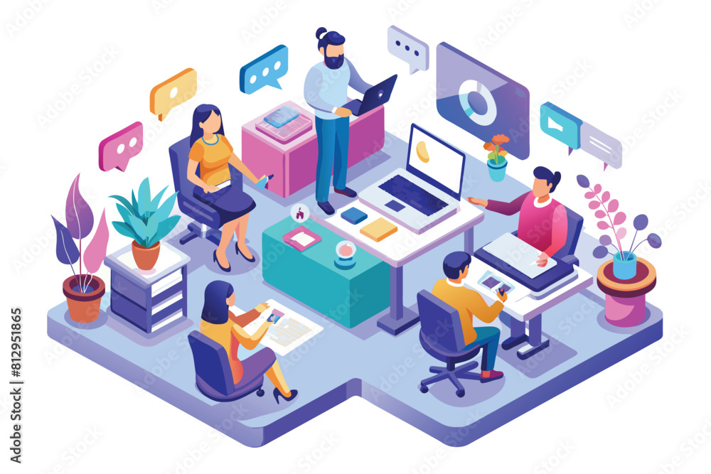 Multiple individuals seated together, engaging in collaborative activities around a computer screen, Online consulting Customizable Isometric Illustration Multiple individuals seated together, engaging in collaborative activities around a computer screen, Online consulting Customizable Isometric Illustration