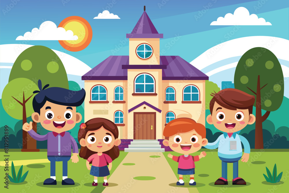 A multigenerational family standing together in front of a traditional house, Orphanage Customizable Cartoon Illustration