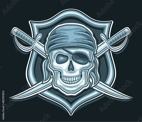 Vector logo for Pirate Skull, decorative poster with illustration of wicked smiling pirate skull in blue bandana and crossed sword for esport team, mascot for children pirate party on black background