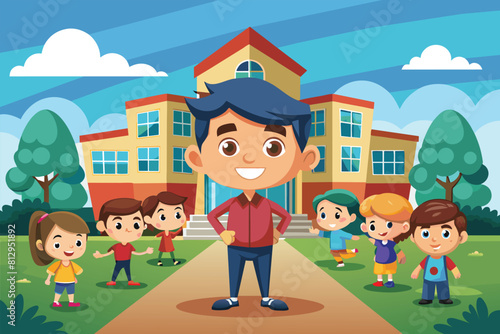 A man standing in front of a group of kids in an orphanage setting, Orphanage Customizable Cartoon Illustration