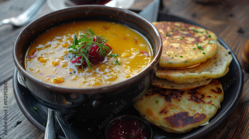Close-up of a rustic vegetable soup garnished with herbs, served with golden-brown pancakes on a wooden table setting Close-up of a rustic vegetable soup garnished with herbs, served with golden-brown pancakes on a wooden table setting