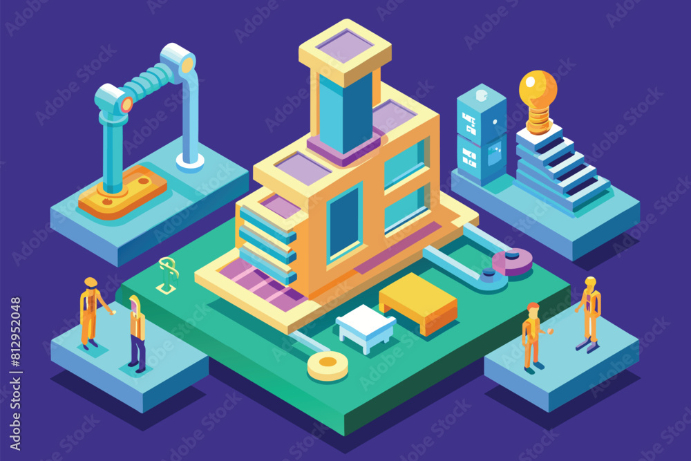 A group of people standing around a large building, talking and looking around, Orthopedic Customizable Isometric Illustration A group of people standing around a large building, talking and looking around, Orthopedic Customizable Isometric Illustration