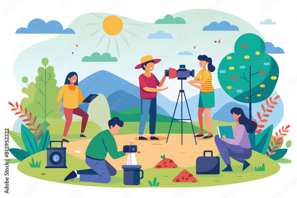 A group of individuals gathered around a camera, likely preparing for a photoshoot or video recording, Outdoor photoshoot Customizable Flat Illustration A group of individuals gathered around a camera, likely preparing for a photoshoot or video recording, Outdoor photoshoot Customizable Flat Illustration