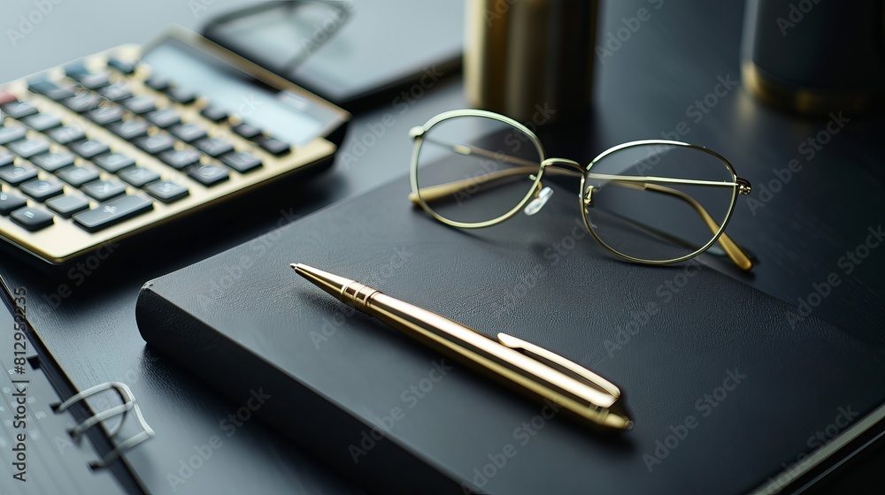 On a black desk, a golden pen, notebook, calculator, and glasses are arranged, creating a professional and organized workspace setting. On a black desk, a golden pen, notebook, calculator, and glasses are arranged, creating a professional and organized workspace setting.