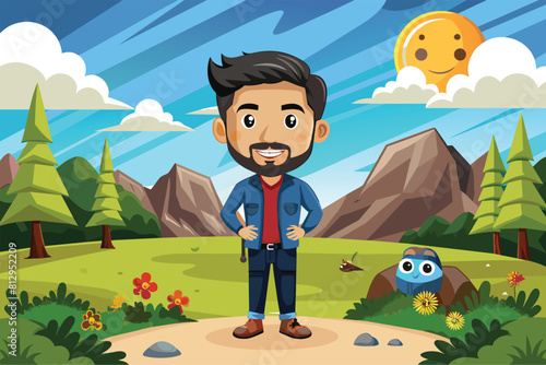 A man with a beard stands amidst a vast field, Outdoor photoshoot Customizable Cartoon Illustration