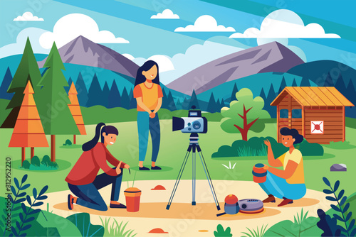 A group of individuals gathered around a camera for an outdoor photoshoot, Outdoor photoshoot Customizable Disproportionate Illustration