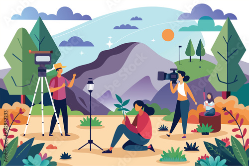 A group of individuals standing around a camera, possibly preparing for a photoshoot or video recording, Outdoor photoshoot Customizable Semi Flat Illustration