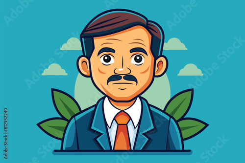 A man wearing a suit and tie, featuring a distinguished mustache, presents a professional demeanor, Oversight Customizable Cartoon Illustration