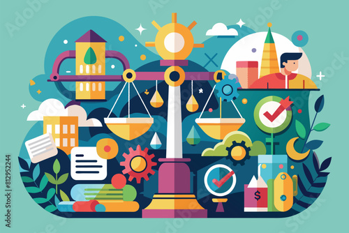 A flat design illustration of a scale with multiple items balanced on top, showcasing a variety of objects, Oversight Customizable Disproportionate Illustration