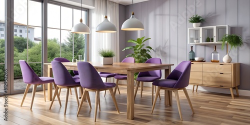 The interior design of a modern dining room in Scandinavian style with light violet stylish chairs. A light room with high ceilings, natural parquet and panoramic windows. 