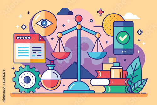 A legal scale with the scale of justice balanced on top of it, symbolizing equality and fairness in the law system, Oversight Customizable Flat Illustration