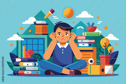 A man sits in front of a large pile of books, appearing overwhelmed by the amount of reading material, Overwhelmed Customizable Semi Flat Illustration