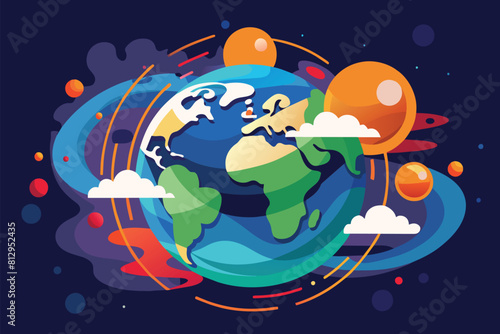 Earth in orbit, encircled by swirling clouds and neighboring celestial bodies, Ozone layer depletion Customizable Disproportionate Illustration