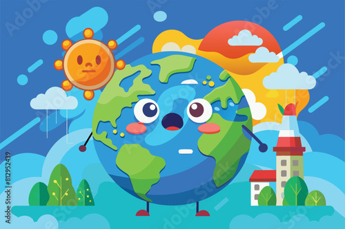 Cartoon earth with a sad expression  building in the background  Ozone layer depletion Customizable Cartoon Illustration