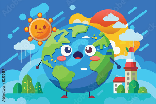 Cartoon earth with a sad expression, building in the background, Ozone layer depletion Customizable Cartoon Illustration