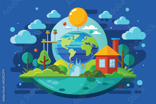 A globe showcasing a house and trees on its surface, Ozone layer depletion Customizable Flat Illustration