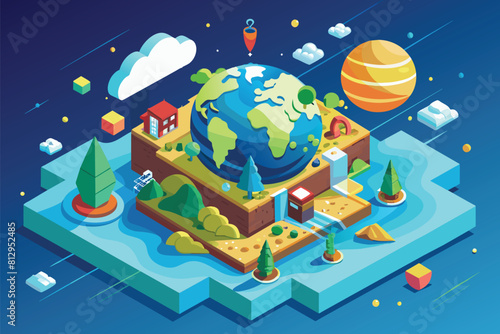 An isometric illustration of a globe placed on a small island surrounded by water, Ozone layer depletion Customizable Isometric Illustration