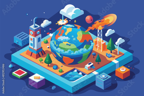 Illustration of a globe standing amidst a cluster of buildings  symbolizing global interconnectedness and urban development  Ozone layer depletion Customizable Isometric Illustration