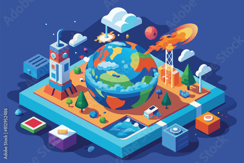 Illustration of a globe standing amidst a cluster of buildings, symbolizing global interconnectedness and urban development, Ozone layer depletion Customizable Isometric Illustration
