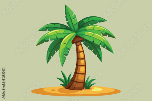 A palm tree standing on a sandy island, under the clear sky, Palm tree Customizable Cartoon Illustration