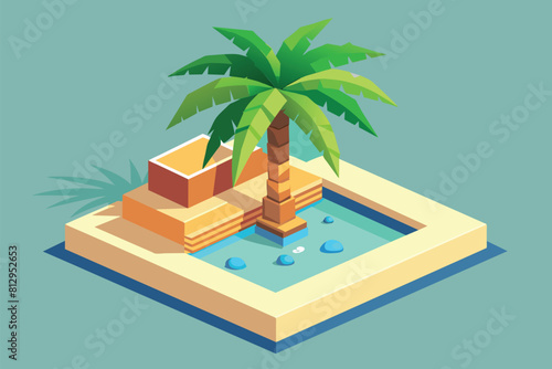 A palm tree stands on a small island in a simple scene  Palm tree Customizable Isometric Illustration
