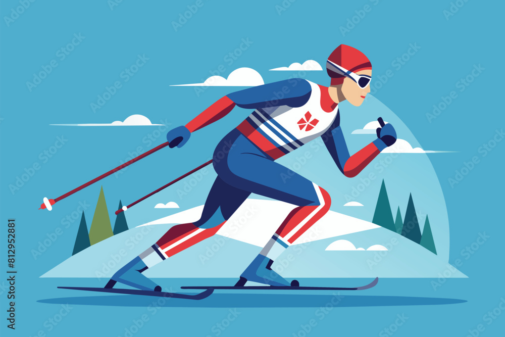A man riding skis down a snow-covered slope in a winter setting, Para nordic skiing Customizable Semi Flat Illustration A man riding skis down a snow-covered slope in a winter setting, Para nordic skiing Customizable Semi Flat Illustration