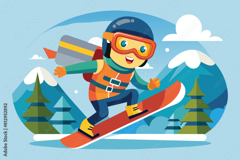 A man riding a snowboard downhill on a snow-covered slope, Para snowboard Customizable Cartoon Illustration A man riding a snowboard downhill on a snow-covered slope, Para snowboard Customizable Cartoon Illustration