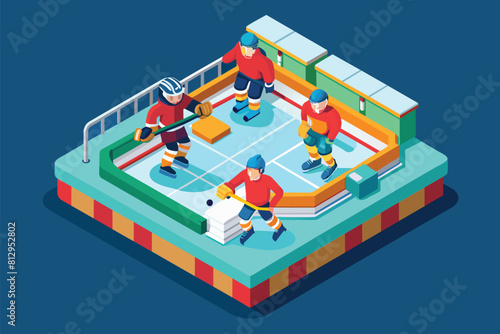 A group of individuals playing a game of ice hockey on a rink, showcasing teamwork and competitive spirit, Para ice hockey Customizable Isometric Illustration photo