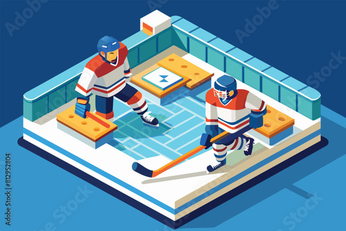 A couple wearing hockey gear playing a competitive game on an ice rink, Para ice hockey Customizable Isometric Illustration