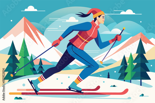 A woman skiing down a snowy hill, enjoying the winter sport on a picturesque day, Para nordic skiing Customizable Disproportionate Illustration
