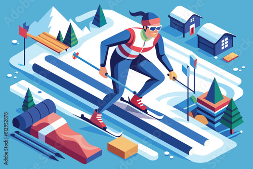 A skier is gliding down a snowy hill on a bright winter day, Para nordic skiing Customizable Isometric Illustration