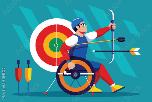 A man in a wheelchair holds a bow and arrow, preparing for archery, Paralympic archery Customizable Semi Flat Illustration