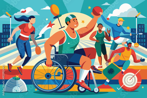 A man in a wheelchair is surrounded by a group of people in a social setting, Paralympic athletics Customizable Disproportionate Illustration
